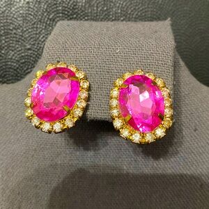 Vintage Silver Tone Oval Metal Pink acrylic bead & rhinestones clip-on Earrings